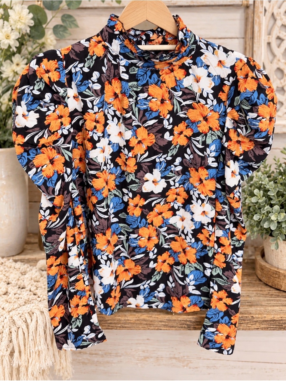 SHEIN Black Mock Neck Puff-Sleeve Top with Orange, Blue & White Floral Print